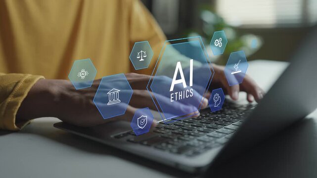 AI ethics concept. Person using laptop with artificial intelligence and ethical governance icons, responsible AI development, technology transparency and digital trust.