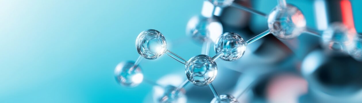 Abstract molecular structure close-up, featuring clear glass-like spheres and bonds on a radiant blue background, embodying scientific discovery and technology. ,chemistry ,innovation