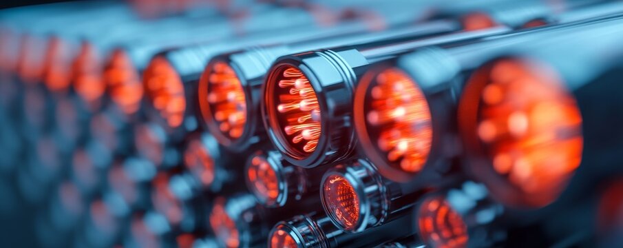 Abstract view of parallel metallic tubes with glowing red internal structures, sharp focus on central lights, representing high-tech energy and data flow, Technology, Network
