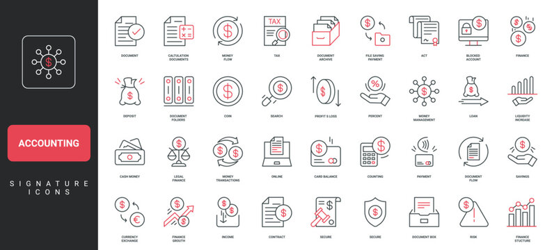 Accounting, tax and revenue, budget balance of business company line icon set. Statement, analysis of accountant, money transaction, deposit thin black and red outline symbols vector illustration