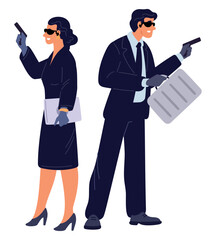 Man and woman. Two secret agents or spies with pistols in their hands. Spy and surveillance. Undercover job. People holding briefcases and guns. Male and female killers. Vector concept