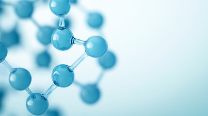 Obraz premium Blue glass molecular structure, 3D rendered abstract with interconnected spheres, shallow DOF on a clean light blue gradient. Represents science, chemistry, innovation,