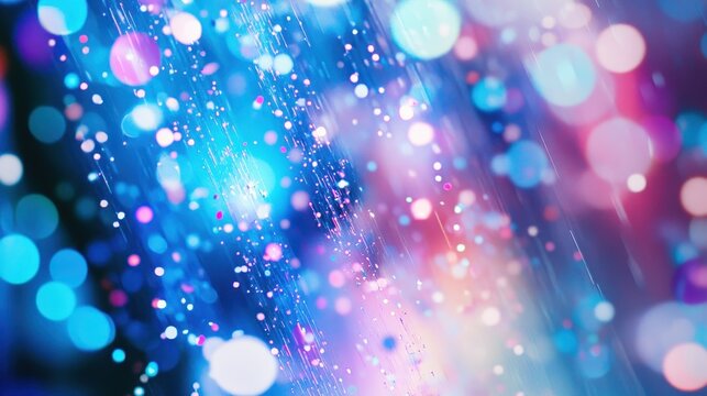 Abstract bokeh lights and sparkles in vibrant blue and purple hues with motion blur effect