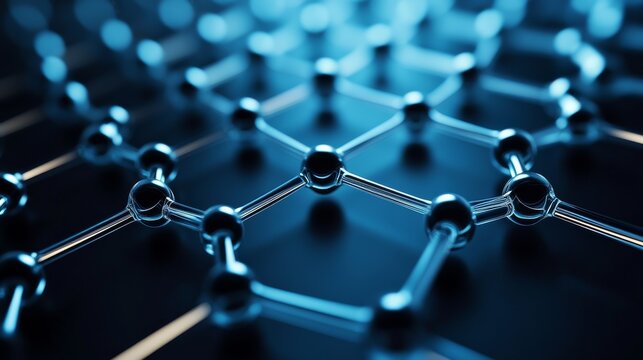 Blue glowing molecular lattice, close-up with reflective spheres and transparent bonds on a dark field, representing nanotechnology and data networks.,Science ,Connectivity