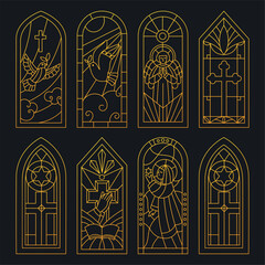 Naklejka premium Golden contour patterns of stained glass windows. Christian chapel ornament. Christianity architecture. Gothic windowsill. Vector set of religious line elements with biblical scenes