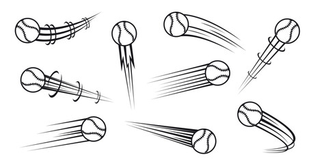 Flying baseball with airflow trails. Championship hit and pass. Movement trajectory. Streetball orb traces. Track effect. Speed motion. Vector set of black silhouettes on white background © VectorBum