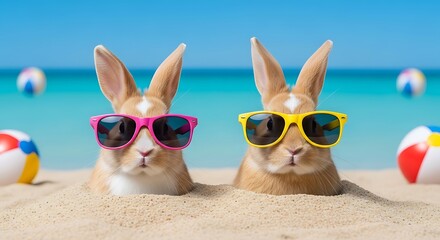 Obraz premium Two bunnies with sunglasses enjoying a sunny beach day with colorful beach balls and turquoise water
