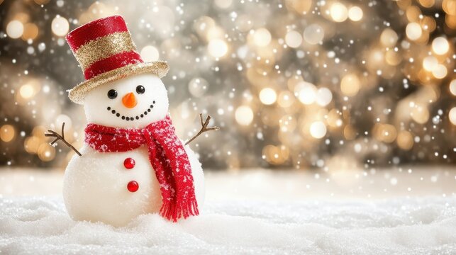 Charming snowman wearing a red scarf and festive top hat in a snowy outdoor winter setting with soft bokeh lights