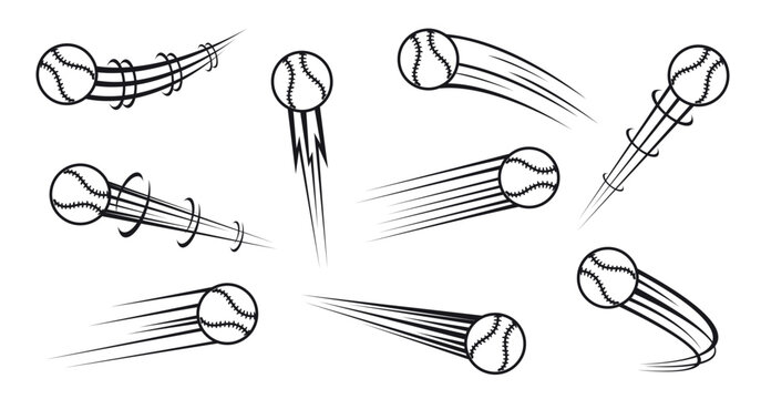 Flying baseball with airflow trails. Championship hit and pass. Movement trajectory. Streetball orb traces. Track effect. Speed motion. Vector set of black silhouettes on white background