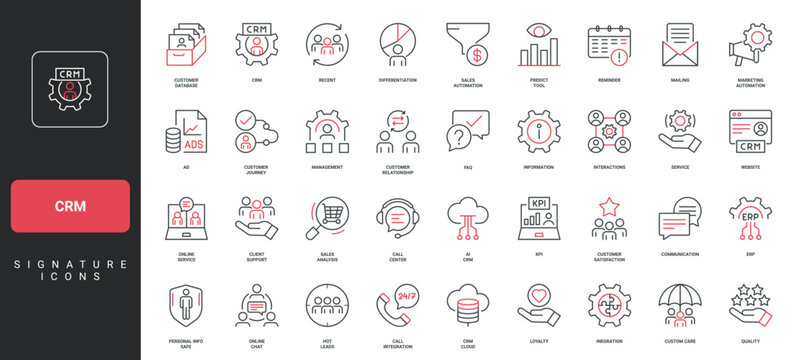 CRM, customer relationship management, sales and marketing automation, interaction with client line icon set. AI and chat, market segmentation thin black and red outline symbols vector illustration