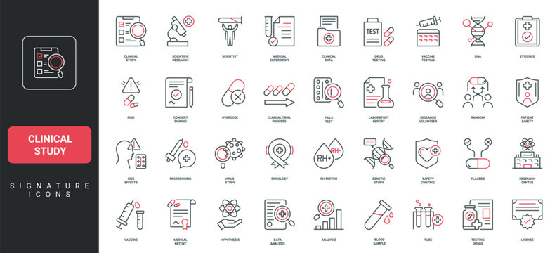 Clinical study, drug and vaccine testing, medical data and license for patient safety line icon set. Overdose risk and placebo, laboratory report thin black and red outline symbols vector illustration
