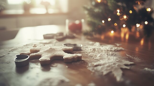Christmas Baking Preparation with Flour and Cookie Cutters on a Rustic Kitchen Counter with Warm Light