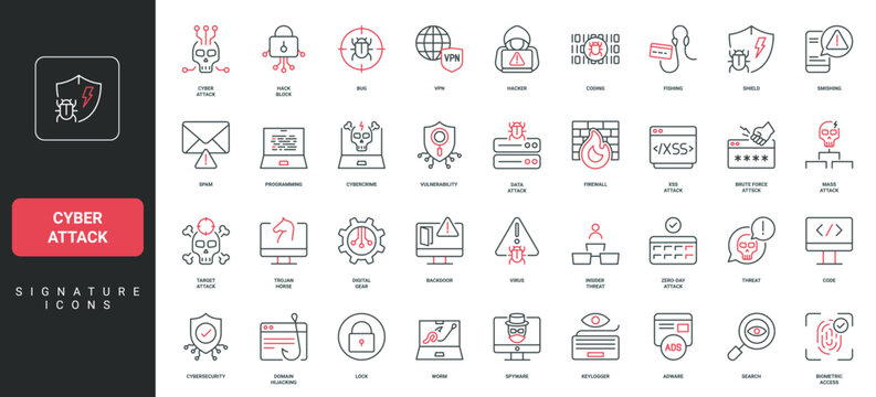 Cyber attack, data breach and malware, hackers virus and bug, phishing line icon set. Vulnerability, target and mass attack threat, spyware thin black and red outline symbols vector illustration