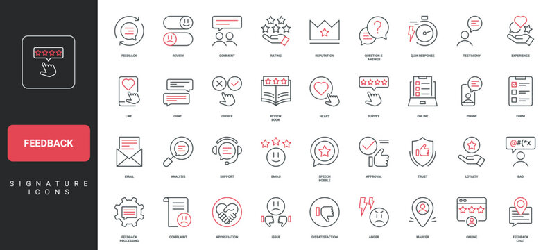 Feedback, customer review service and satisfaction, opinion, survey line icon set. Question and answer, quick response, positive and bad rating thin black and red outline symbols vector illustration