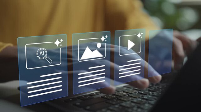 AI content management concept. Person using laptop with artificial intelligence and digital content icons, automated content organization, data management and smart workflow.