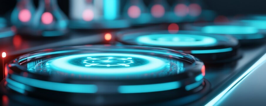 Close-up Glowing neon blue network interface button with data connections on a futuristic control panel, symbolizing AI, quantum tech and digital innovation. ,Cyber, Technology