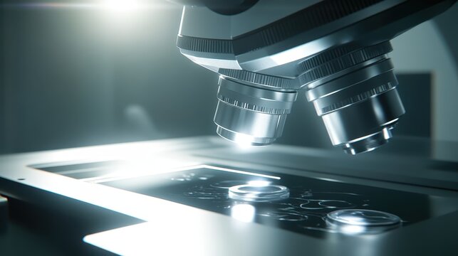 Close up of a high-tech microscope lens focusing on a specimen for scientific research and industrial quality control.