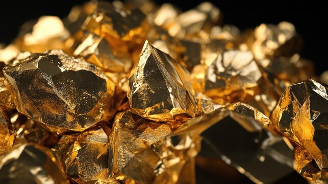 Close-up view of raw gold ore nuggets with detailed crystalline textures and lustrous sheen, representing natural wealth.