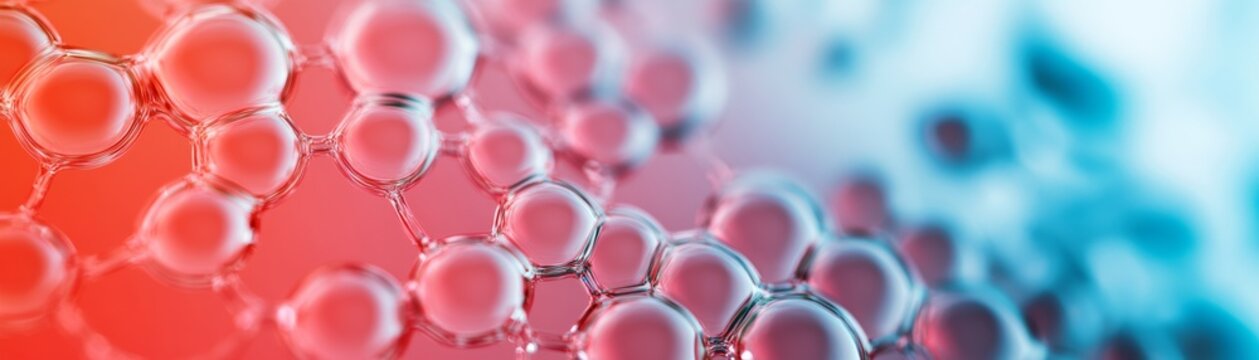 Close-up of clear interconnected bubbles with a red-blue ombr&Atilde;&copy; background, representing cell structure, data networks, or abstract fluid dynamics. ,Microscopic, Gradient