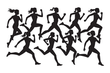 Fototapeta premium Silhouette set of running women and female athletes in motion, active girls jogging and sprinting collection, sports fitness training silhouettes on transparent background for gym and health