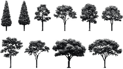 Fototapeta premium Collection of various stylized trees rendered in halftone dot pattern isolated on transparent background