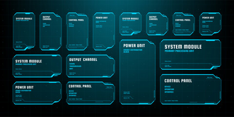 Hud vector graphics set for futuristic user interface design. Technology dashboard elements showing system status, power unit, and control panel. Digital data visualization display. © Shells