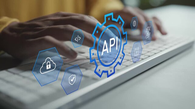 API application programming interface concept. Person typing keyboard with software integration and data connection icons, system communication, cloud services and digital development.