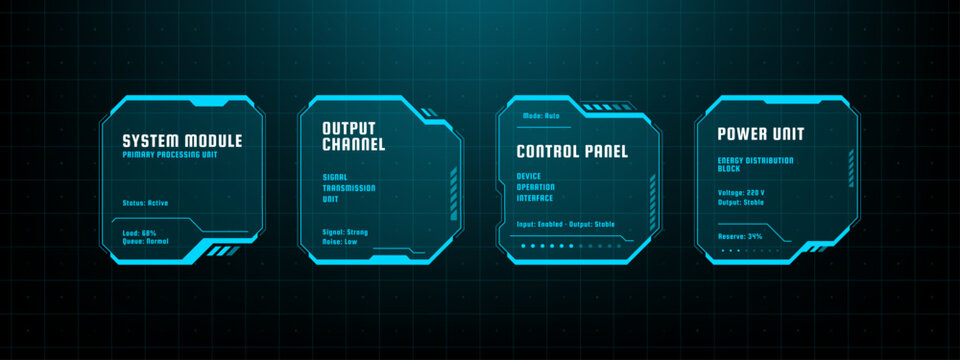 Hud vector graphic with system module, output channel, control panel and power unit. Futuristic user interface elements on dark digital background. High tech data monitoring HUD system.