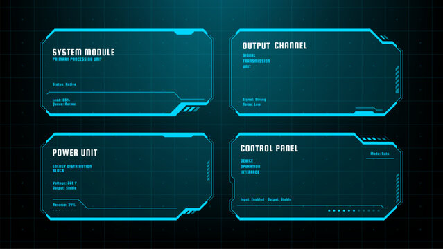 Hud interface frames with system module and power unit data. Technical display elements for futuristic control panel. Digital dashboard overlay for sci-fi software and user interface.