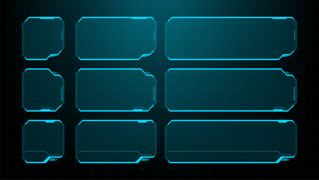 Blue hud vector graphic set with frame and button interface. Futuristic digital display element style. Technology data panel template with grid background for software application design.