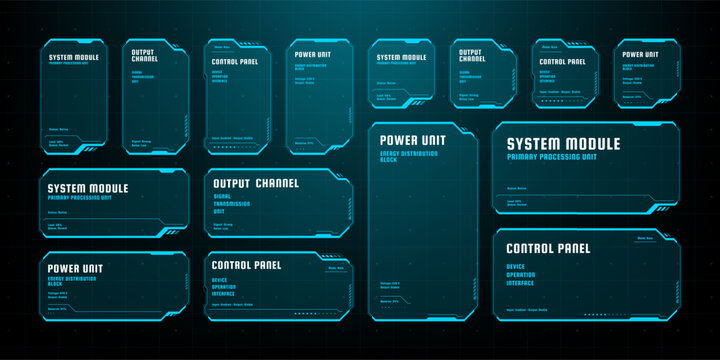 Hud vector graphics set for futuristic user interface design. Technology dashboard elements showing system status, power unit, and control panel. Digital data visualization display.