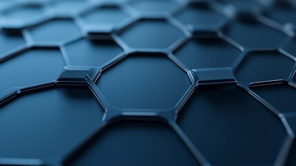 Fototapeta premium Dark blue metallic hexagonal network with glowing nodes, captured with shallow DOF, suggesting futuristic AI and data structure. Tech, abstract. Digital, Matrix