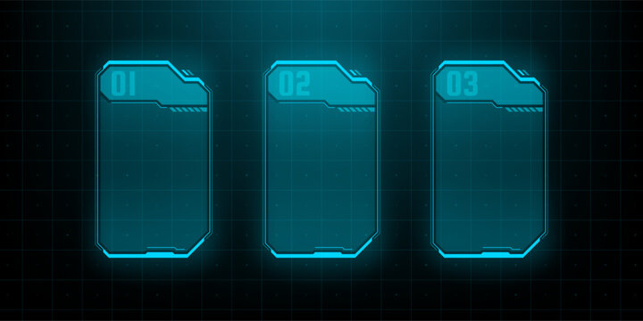 Futuristic HUD interface with three vertical digital panels. Sci-fi infographic display with numbered frames. Data visualization element for software, game UI, and high-tech application.