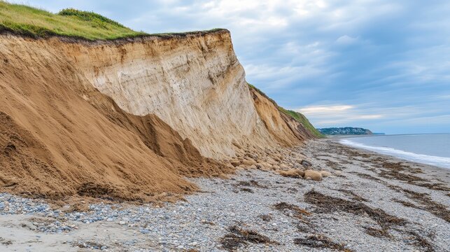 Dramatic coastal cliff face showcasing significant erosion and natural landforms under an overcast sky.