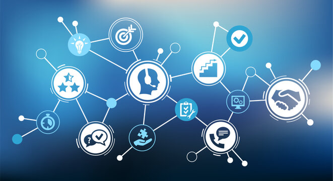 Customer service vector illustration. Blue concept with icons related to helpdesk / telemarketing / competent & high quality phone support services / call center / customer communication.