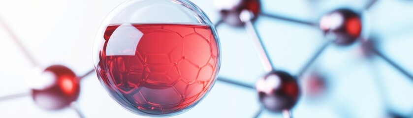 Naklejka premium Dynamic 3D render Clear glass capsule with vibrant red fluid and intricate hexagonal structure amidst a blurred molecular network, symbolizing biotechnology and medical innovation.