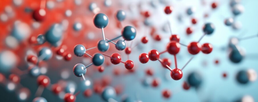 Dynamic 3D render Interacting red and blue molecular bonds on a vibrant gradient, shallow DOF. Symbolizing complex chemical networks, research and scientific discovery. Nanotech,