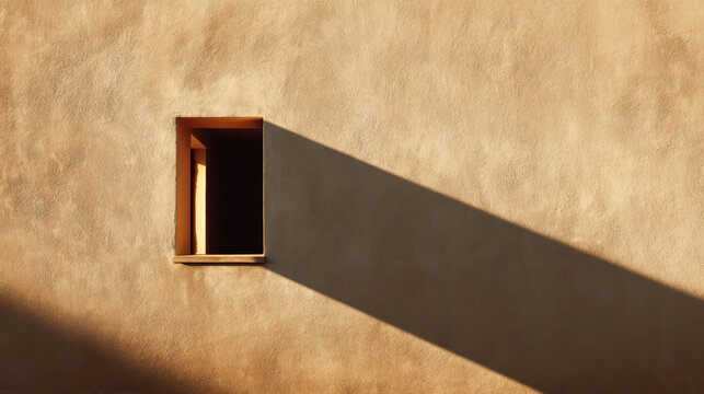 A pale cream stucco wall with a sharp, geometric shadow of a window frame falling on it during golden hour