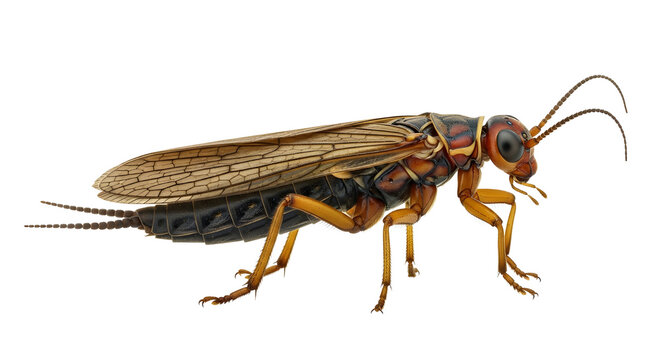 Stonefly insect illustration on white background, detailed macro of a brown plecoptera bug, realistic aquatic insect for biology and fly fishing education