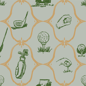 Golf sketch seamless pattern. Sports tools vector illustration. Hand drawn vintage style, isolated