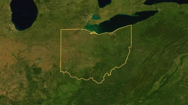 Ohio high resolution 4k satellite earth map zoom cinematic animation 3d drop shadow highlighting American state borders for US travel tourism geography and geopolitical national news broadcast