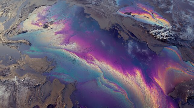 Iridescent oil slick on urban water surface displaying vibrant rainbow colors and soft shadows, showcasing environmental pollution.