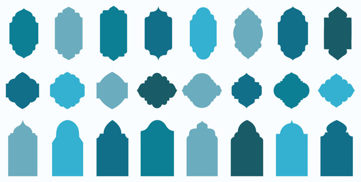 Collection of oriental style islamic vector shapes of a window or door arch mosque gate islamic arabesque pattern arab frame set on transparent background ramadan kareem silhouette icon.