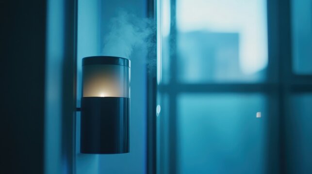 Modern air quality monitoring station with soft light effect in an urban setting, providing environmental data for analysis