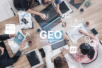 Obraz premium Digital marketing concept featuring GEO strategy, optimizing content for AI search engines and large language models. Evolution of SEO, brand authority, and AI citation visibility. Corpus