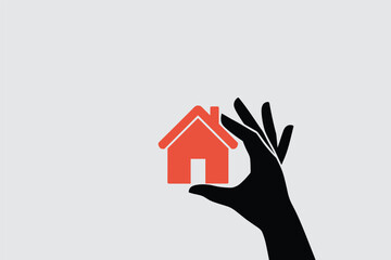 Naklejka premium Dark hand silhouette holding small red house icon symbolizing real estate ownership.