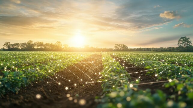 Smart Agriculture Technology Implementing Network Connections Across a Rural Field at Sunrise