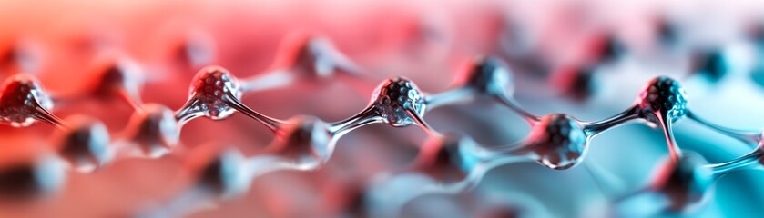 Macro Molecular Helix Shimmering chain of connected nodes, bathed in a vibrant red-blue gradient. Abstract science, genetics and nanotechnology. ,Biology,FutureTech