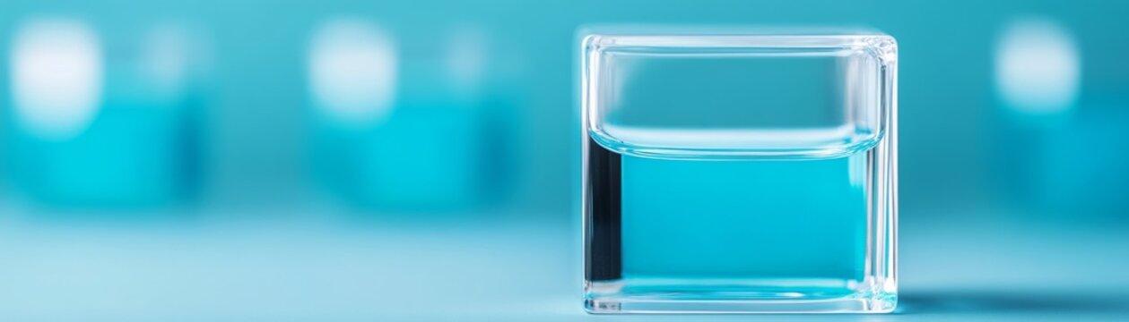 Minimalist close-up A clear glass cuvette filled with vibrant blue liquid, set against a soft bokeh lab background, highlighting chemical purity and analysis. laboratory, solution