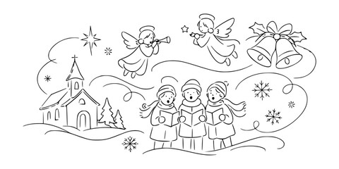 Naklejka premium Children singing carols by a church, flying angels, bells, and snowflakes in line art style on white background, concept of Christmas joy